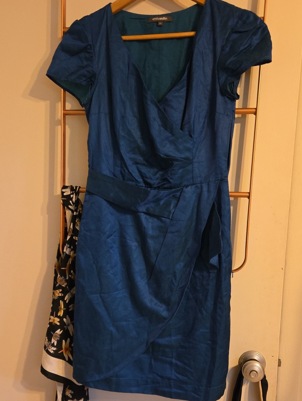 Emily And Fin Satin Teal Blue Wrap-Style Dress